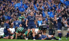 James Lowe celebrates after Leinster beat Northampton in the Champions Cup semi-final.