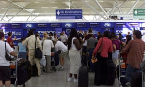 Queues at the Ryanair desk at Stansted Airport