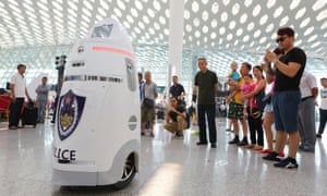 AnBot, China’s first smart police robot, which went on patrol at Shenzhen Baoan airport, Guangdong, in September 2016.