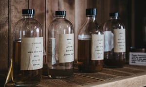 Samples of Clynelish whiskey inside Brora Distillery, Scotland.