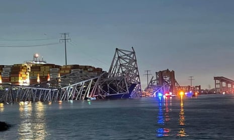 Photo taken from the X (formerly Twitter) feed @HarforCoFireEMS Harford County, MD Volunteer Fire & EMS showing a portion of the Francis Scott Key Bridge in Baltimore, US, collapsed.