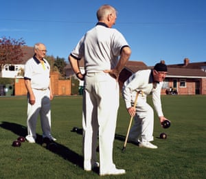 Duncan Stevens (holding ball) with two other players at Minehead bowls club