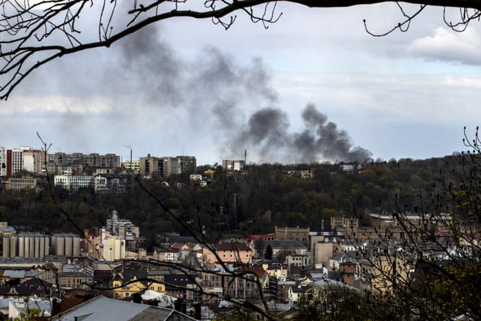 Smoke rises after five aimed missile strikes hit Lviv.