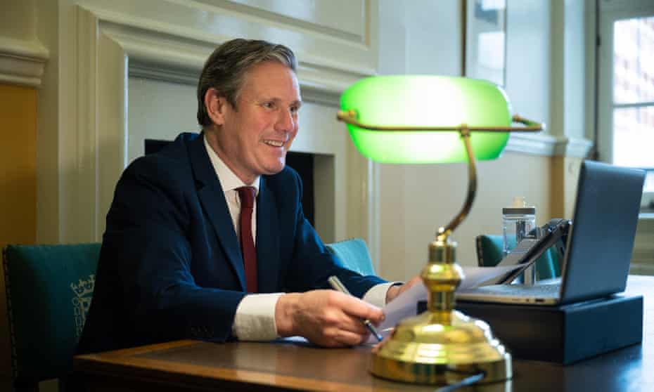 “Call Keir”: the opposition leader Keir Starmer holds his first virtual meeting with former Labour voters from a room by his office at Portcullis House, next to the Houses of Parliament.
