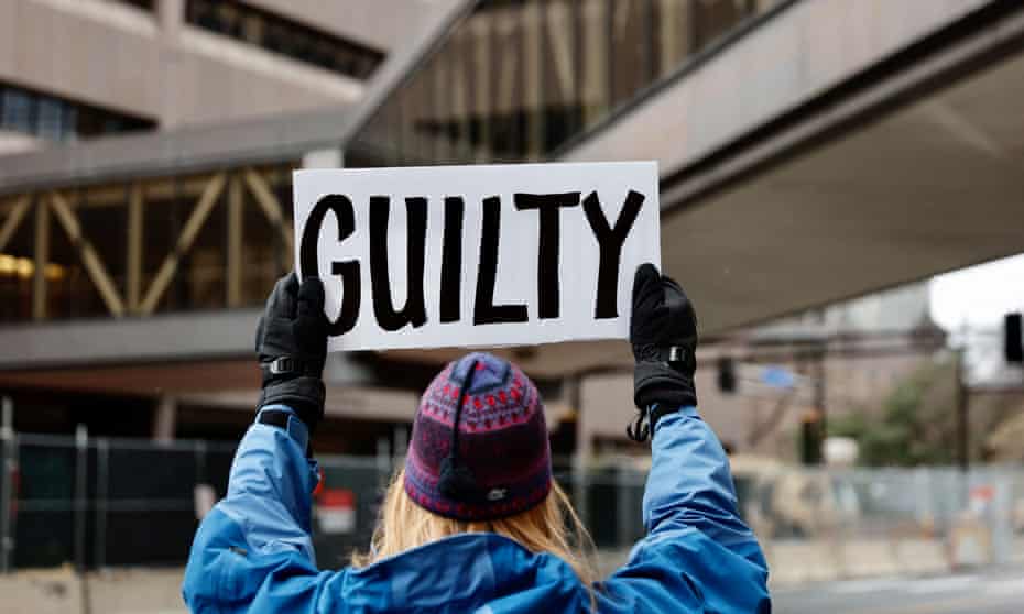 A protester held a “guilty” sign outside the courthouse in Minneapolis, Minnesota, where Derek Chauvin was on trial. 