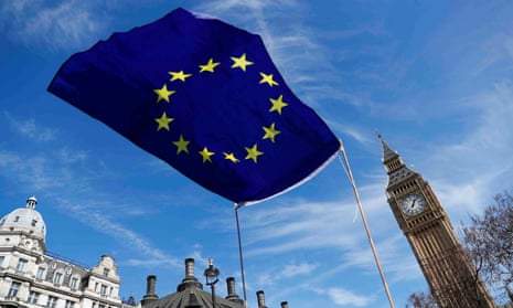 An EU flag flies above Parliament Square in London.