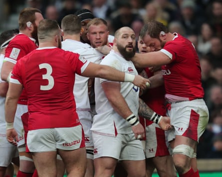 Joe Marler grabs Welsh rival Alun Wyn Jones’s genitals.