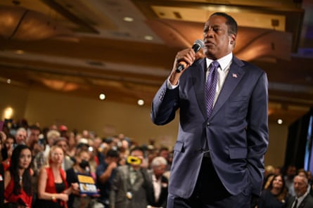 Larry Elder, a rightwing radio host, speaks at his election night party in Costa Mesa, California .