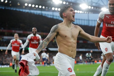 Lucas Torreira celebrates scoring Arsenal’s fourth to seal derby victory over Tottenham at the Emirates.