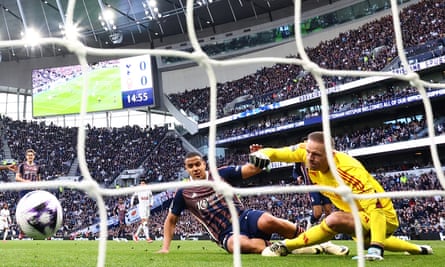 Nottingham Forest’s Murillo diverts the ball past his goalkeeper Matz Sels at the Tottenham Hotspur Stadium.