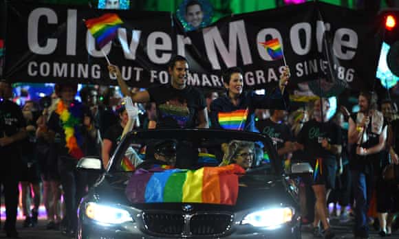 Alex Greenwich and the Sydney lord mayor, Clover Moore, taking part in the 2016 Mardi Gras parade.