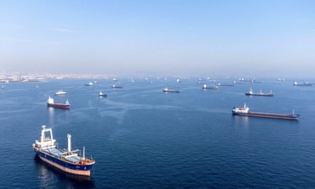 Commercial vessels including vessels which are part of Black Sea grain deal wait to pass the Bosphorus strait off Yenikapi in Istanbul, Turkey.