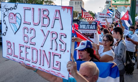 Cuban Americans participate in a demonstration to show support for protesters in Cuba, in front of the Versailles restaurant in Miami on Wednesday.