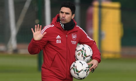 Arsenal’s manager Mikel Arteta at a training session on Wednesday.