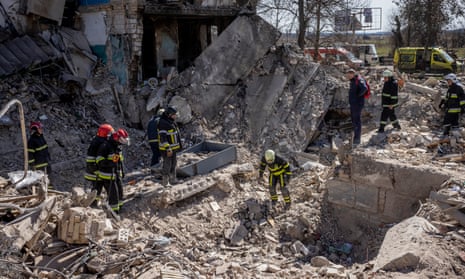 Ukrainian firemen recover bodies crushed by rubble after a 250kg bomb hit a block of flats in Borodianka in early March, according to Ukrainian officals.