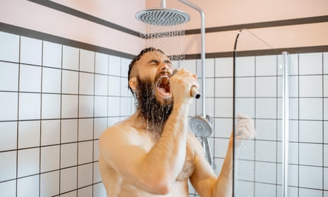 Bearded man singing in the shower