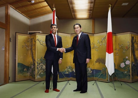 Fumio Kishida, the Japanese PM (right), meeting Rishi Sunak before their working dinner ahead of the G7 summit.