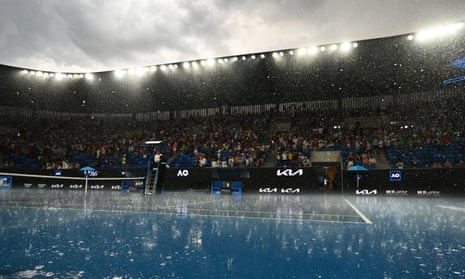 Rain delays play on Court 16 during the round one singles match between Sorana Cirstea and Yulia Putintseva.