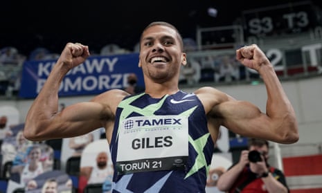 Britain’s Elliot Giles celebrates after winning the men’s 800m in Torun, Poland on Wednesday.