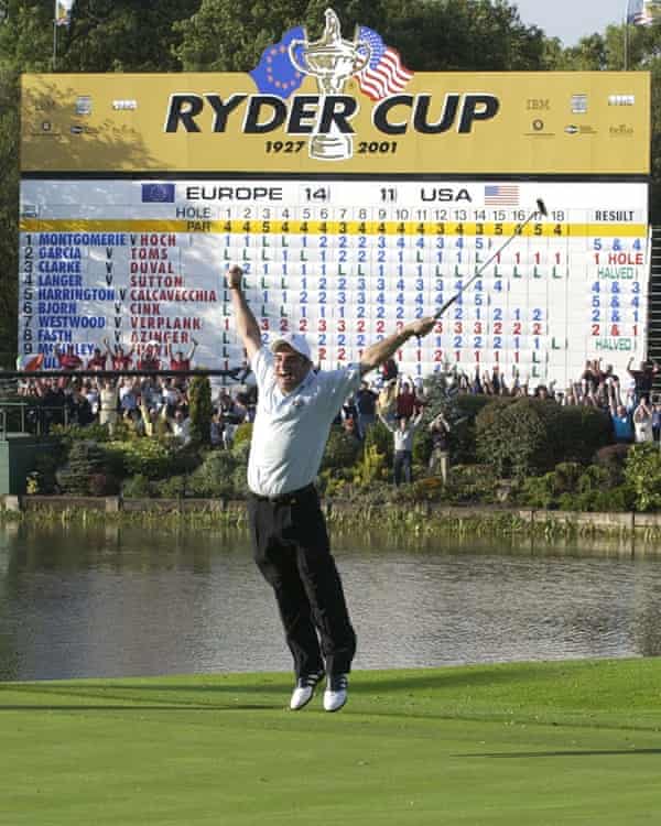 Paul McGinley celebrates his winning putt at the 2002 Ryder Cup at the Belfry