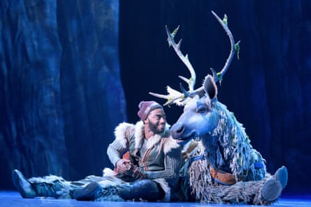 Jelani Alladin as Kristoff with Andrew Pirozzi as Sven in the Broadway musical version of Frozen.