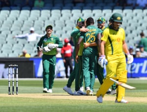 South Africa players celebrate the dismissal of Shaun Marsh of Australia during the second One-Day International (ODI) match between Australia and South Africa at Adelaide Oval in Adelaide.