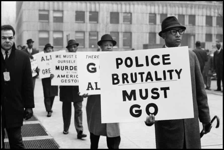 A protest in Harlem in 1963, spurred by the police shooting of seven unarmed black men outside a Nation of Islam mosque in Los Angeles the previous year 