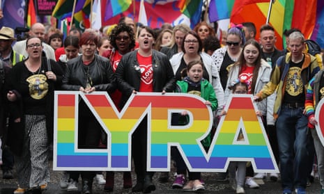 Sara Canning (front centre), partner of Lyra McKee, at the Love Equality march in Belfast.