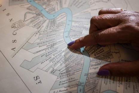 Lenora Gobert points out the site of the former Buena Vista plantation on a map at the Hill Memorial Library at Louisiana State University.