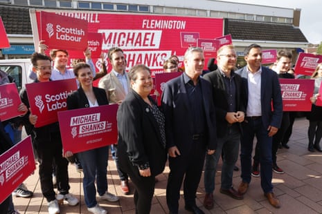 Keir Starmer and Anas Sarwar, the Scottish Labour leader, with activists campaigning in the Rutherglen and Hamilton West byelection this morning.