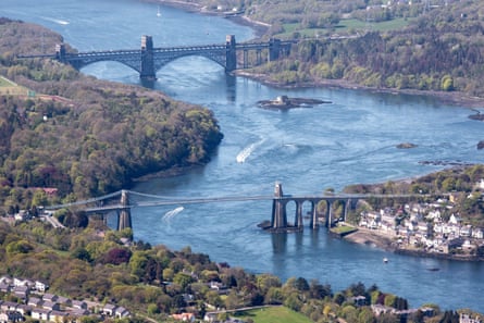 The Menai Bridge and, in the distance, a railway bridge designed by Robert Stephenson