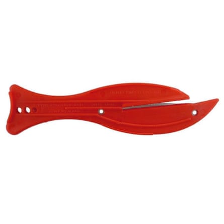 Safety Company’s red fish knife. The knife is fish shaped.