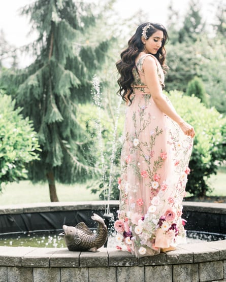 Jasmine wearing her floral wedding dress