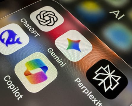A mobile phone display showing the icons of artificial intelligence (AI) apps Deepseek, Chatgpt, Copilot, Perplexity and Gemini