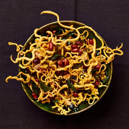 Yotam Ottolenghi’s sev with fried peanuts and curry leaves.