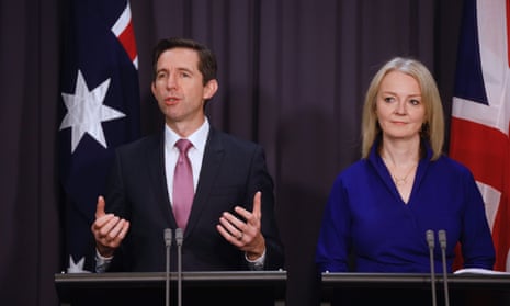 The Australian trade minister, Simon Birmingham and the UK international trade secretary, Liz Truss, at a press conference in Canberra in September.