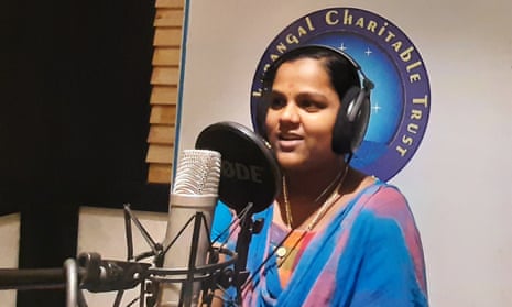 A school student takes part in a programme on Kadal Osai radio