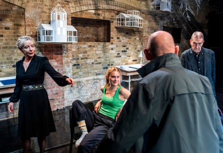 L to r, Sally George (Aline Solness), Louisa Binder (Hilde Wangel), Peter Guinness (Doctor Herdal) and Greg Hicks (Halvard Solness) in The Master Builder.