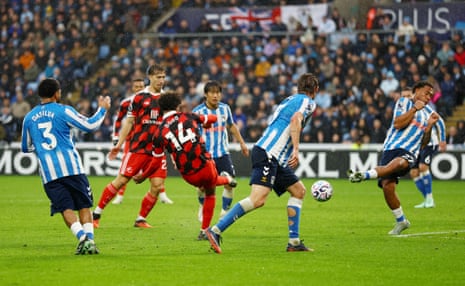 Fulham’s Oscar Bobb strikes the ball to score against Coventry City