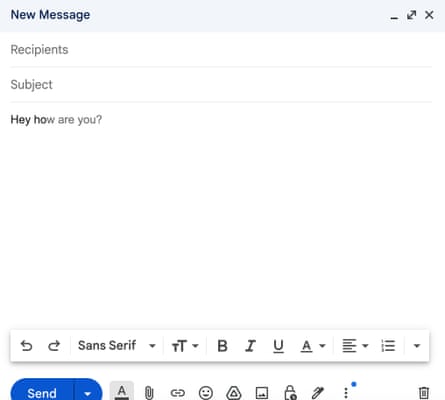 A screenshot of a blank email with the words “Hey how” typed in, followed by a suggestion from Gmail to complete the sentence with “are you?”.