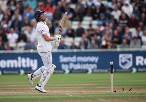 England's Dan Lawrence looks dejected after being bowled out by Pakistan's Mohammad Imran.