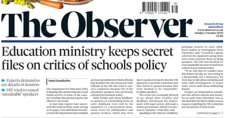 Observer splash 1/10/2023 reads: Education ministry keeps secret files on critics of schools policy