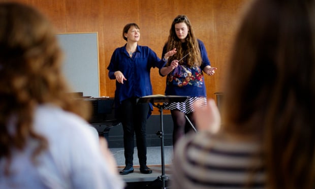 Music students take part in an all-female conducting class taught by Alice Farnham (centre left) at Morley College in London
