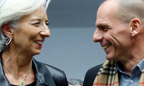 The IMF’s director Christine Lagarde, greets the Greek finance minister, Yanis Varoufakis