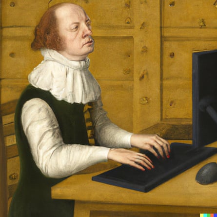 A man in a ruff and doublet sitting at a desktop computer