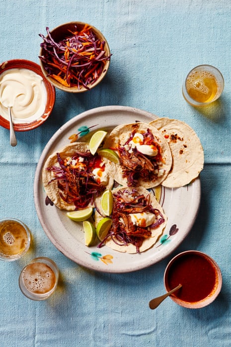 Thomasina Miers’ slow-cooked lamb birria with tacos, hot sauce and slaw.