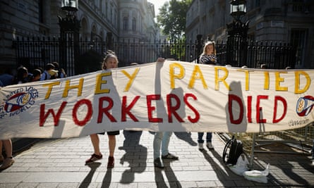 A demonstration in support of Downing Street security guards and cleaners following information detailed in the Sue Gray report, 27 May, 2022.