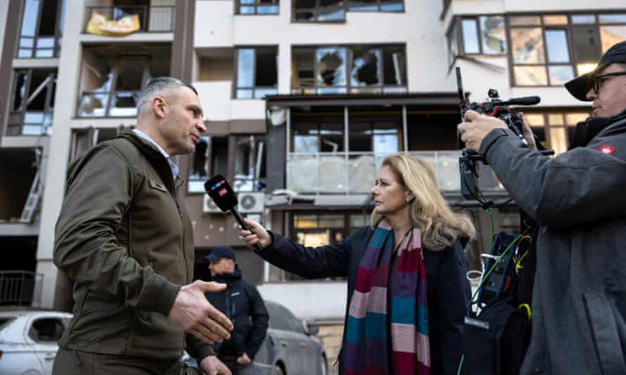 Kyiv mayor Vitali Klitschko gives an interview, saying at least one person was killed and three people injured in the attacks.