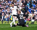 Noah Okafor beats Dan Bentley to put Leeds 2-0 ahead at Elland Road.