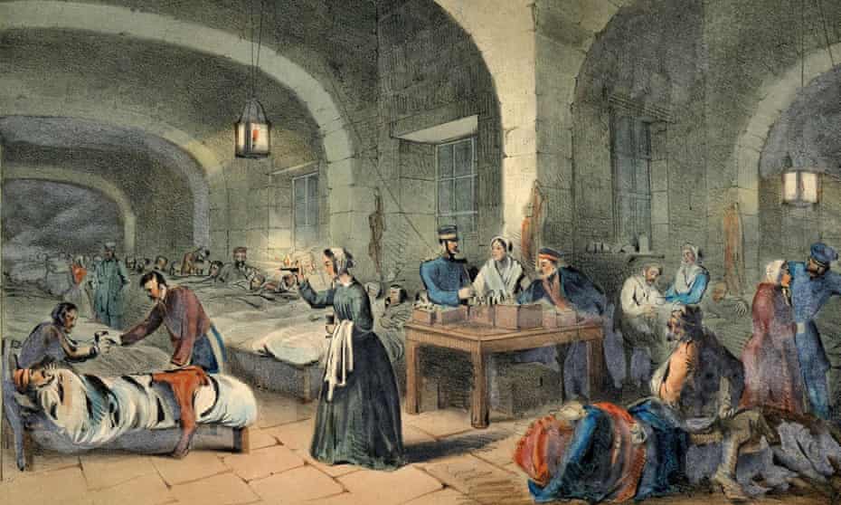 Victorian illustration shows Florence Nightingale at Scutari Hospital during the Crimean war.